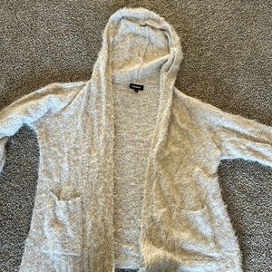 Hooded beige open cardigan fuzzy look